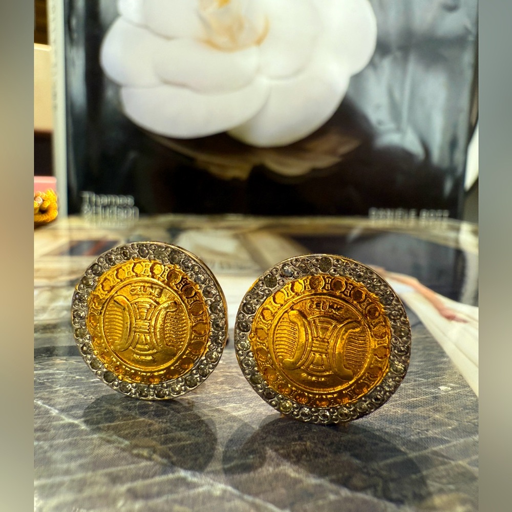 LOT 2286 24K gold plated CELINE vintage triomphe crystals clip on earrings - Picture 1 of 7